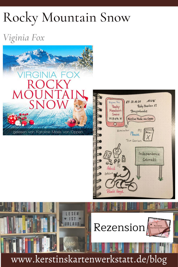 Beitragsbild zur Hörbuch Rezension: Rocky Mountain Snow von Virginia Fox. Zu sehen ist das Hörbuchcover und Sketchnotes zum Liebesroman