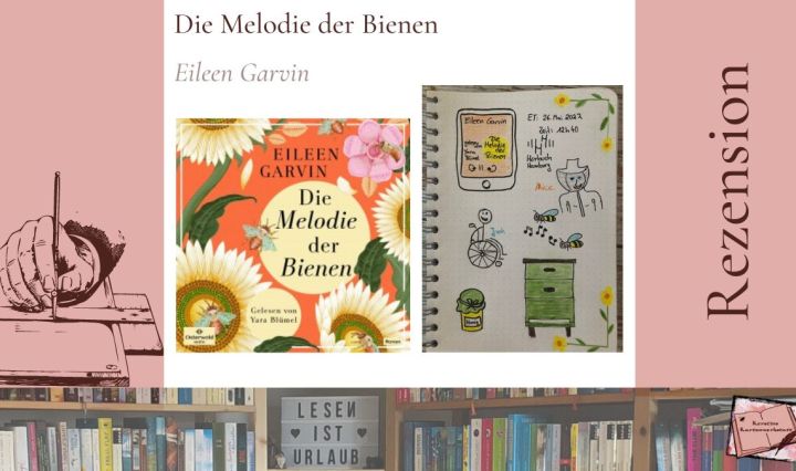 Beitragsbild mit Sketchnotes und Cover zum Hörbuch: Die Melodie der Bienen von Eileen Garvin gesprochen von Yara Blümel erschienen bei Hörbuch Hamburg
