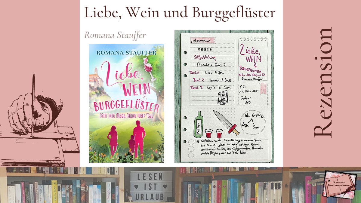 Cover und Sketchnotes zur Rezension vom Liebesroman: Liebe Wein und Burggeflüster: Mit dir über Berg und Tal von Romana Stauffer