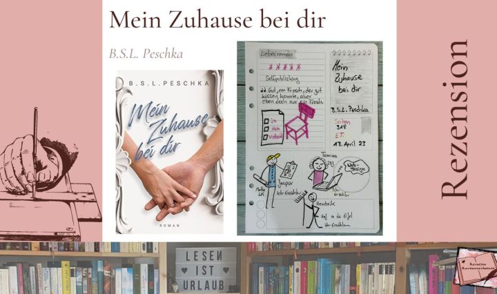 Cover und Sketchnotes zur Rezension zum New Adult Roman: Mein Zuhause bei dir von B.S.L. Peschka