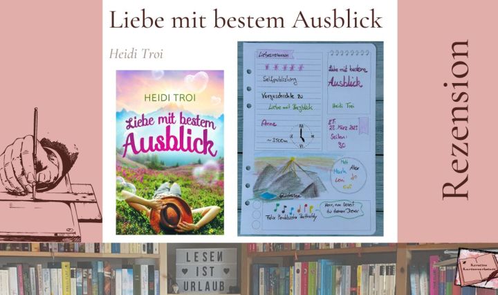 Beitragsbild mit Cover und Sketchnotes zur Rezension vom Liebesroman: Liebe mit bestem Ausblick von Heidi Troi